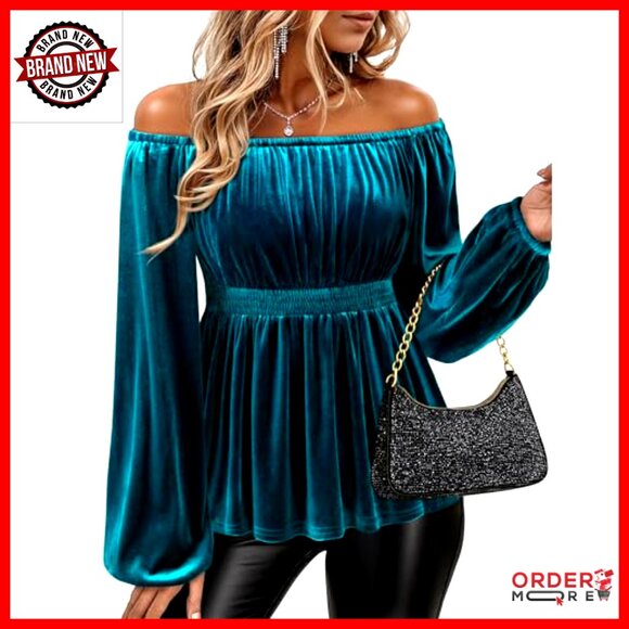 Velvet Off Shoulder Long Sleeve Peplum Blouse Elegant Evening Party Top - Picture 3 of 7